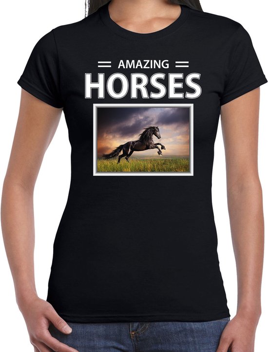 Dieren foto t-shirt Zwart paard - zwart - dames - amazing horses - cadeau shirt Zwarte paarden liefhebber XS
