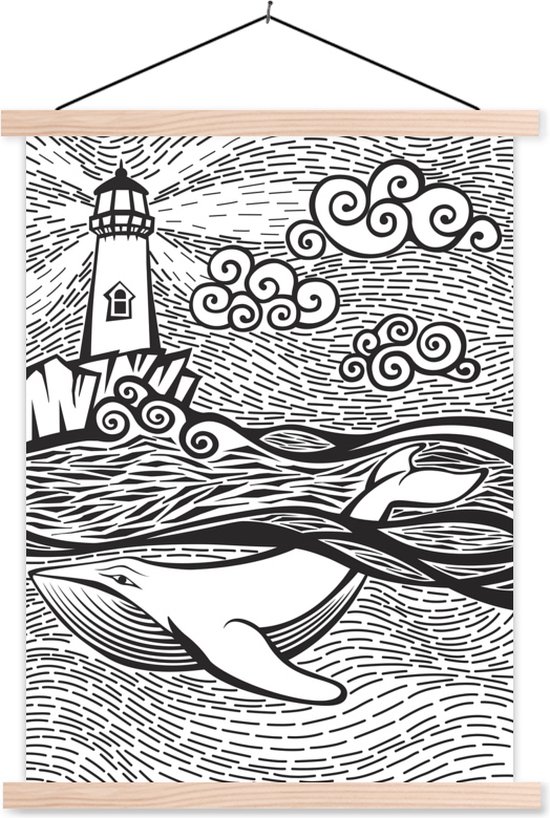 illustration abstraite noir et blanc d une baleine et d un phare