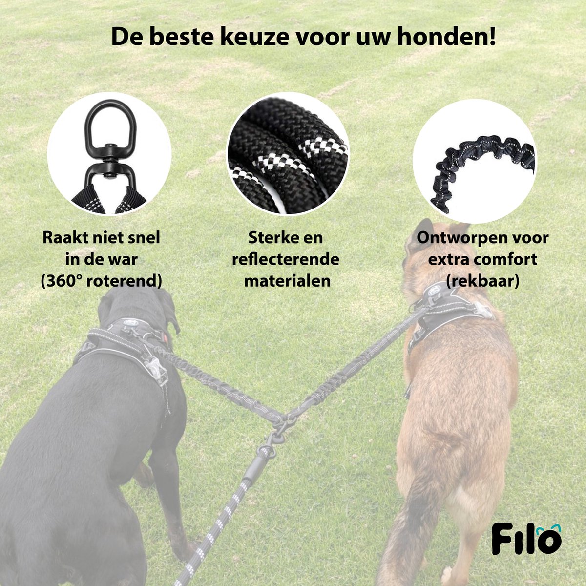 Filo Dubbele Hondenriem - Klein - 360 Graden Roterend - Voor 2 Honden -  Elastisch -... | bol.com