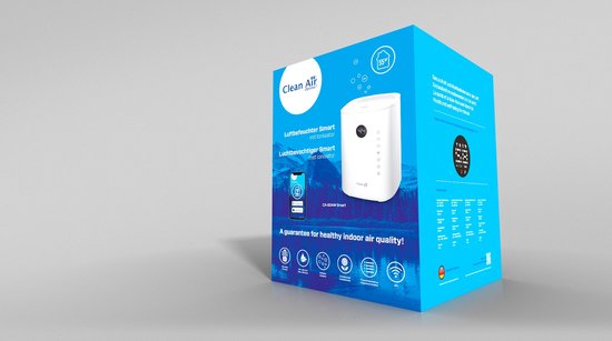 Verpakking van de Clean Air Optima Smart luchtbevochtiger, met afbeeldingen van het product en de app.