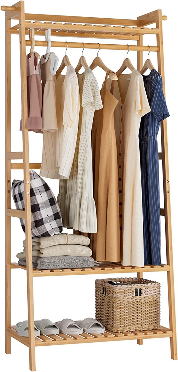 CGPN Kledingrek met planken, kledingkastpanelen, bamboe, kledingstang met anti-kantelbeveiliging voor kleding, schoenenrek, tassen, 164 x 70 x 42 cm