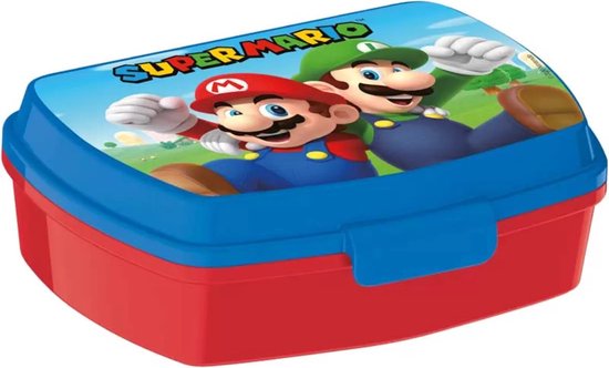 Boîte à pain rouge avec couvercle bleu, avec Mario et Luigi au premier plan.
