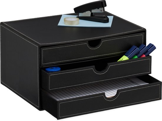 Relaxdays bureau organizer - DIN A4 - opbergboxje - 3 lades - desk organizer - kunstleer - zwart