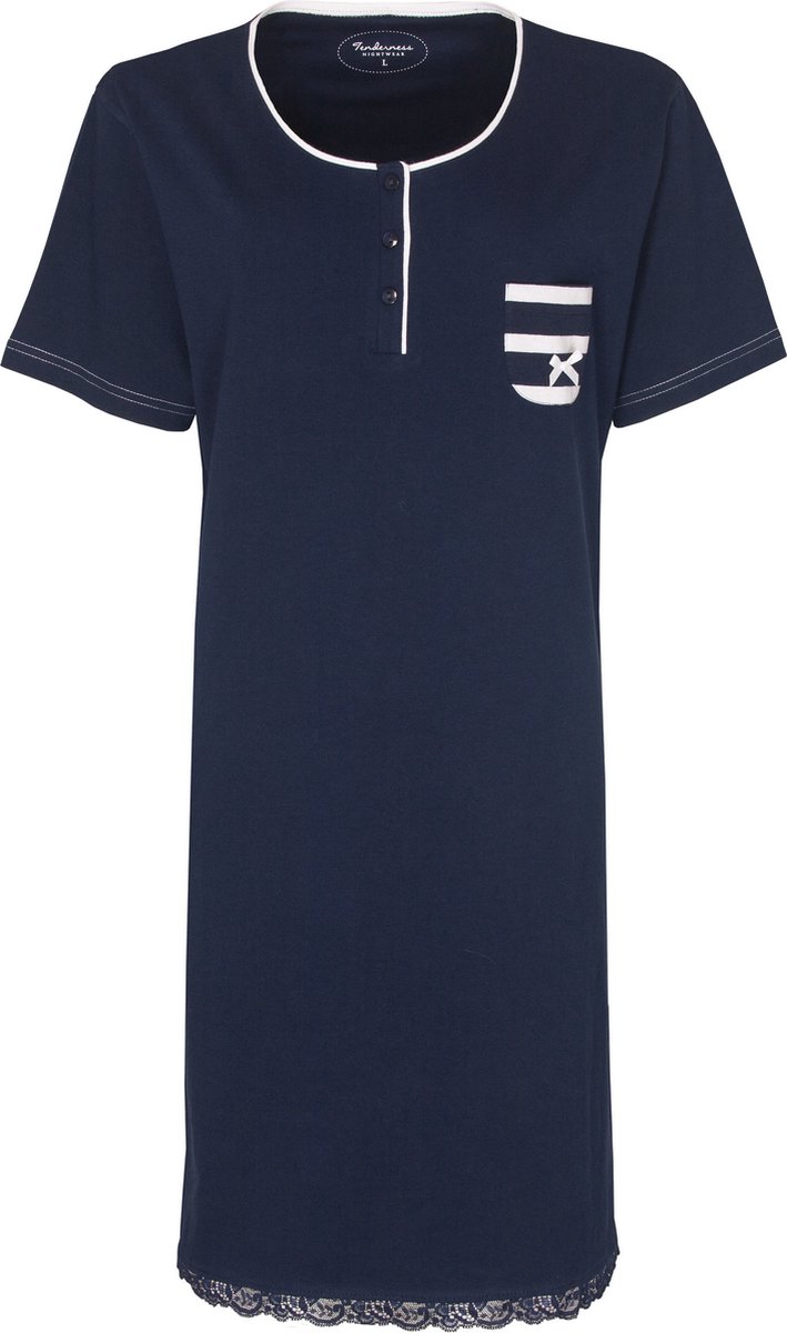 Tenderness Dames Nachthemd - Wit Borstzakje - Donker Blauw