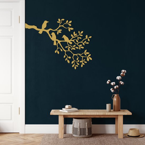Wanddecoratie |Vogels op Tak| Birds on Branch | Metal - Wall Art | Muurdecoratie | Woonkamer | Buiten Decor |Gouden| 90x66cm