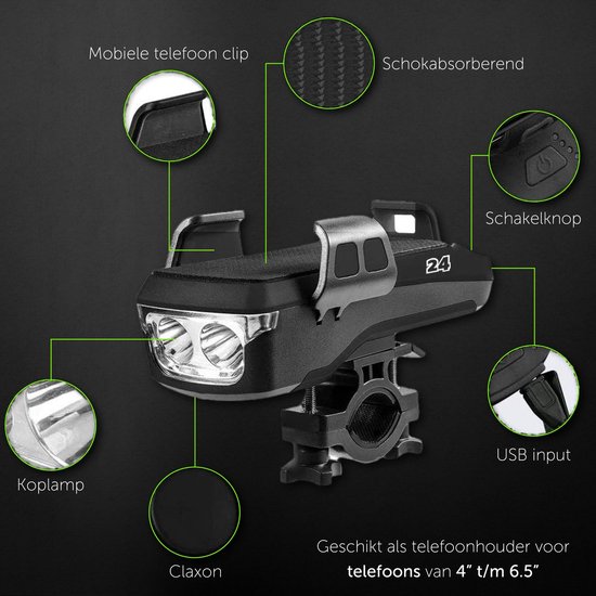 4-in-1 Fietslamp Voorlicht mét telefoonhouder - USB Oplaadbaar - Met Powerbank én Toeter - Racefiets verlichting - Fietslicht voorlicht usb oplaadbaar - Fietsverlichting set - Licht voor fiets - Bike light - Joyage