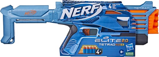 Blauwe Nerf Elite 2.0 Tetrad DS-4 blaster in verpakking, met oranje details en darts.