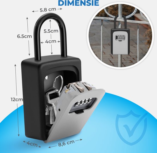 Afmetingen sleutelkluis: 12cm hoog, 8.6cm breed, 5.8cm diep. Hangslot 6.5cm hoog. Zwart met grijze klep, op slot met cijfers.
