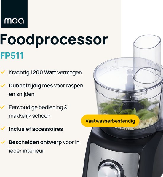 MOA Robot ménager de 1200 Watt - Extra puissant - Avec accessoires pour utilisation comme presse-agrumes, mixeur etc. - Noir avec acier inoxydable - FP511