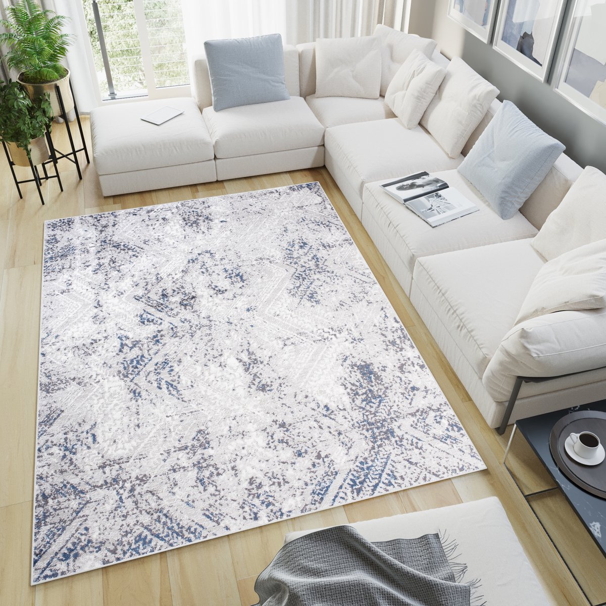 Tapiso Sky Vloerkleed Grijs Blauw Woonkamer Vintage Tapijt Maat - 140x200 Donkerblauw Grijs