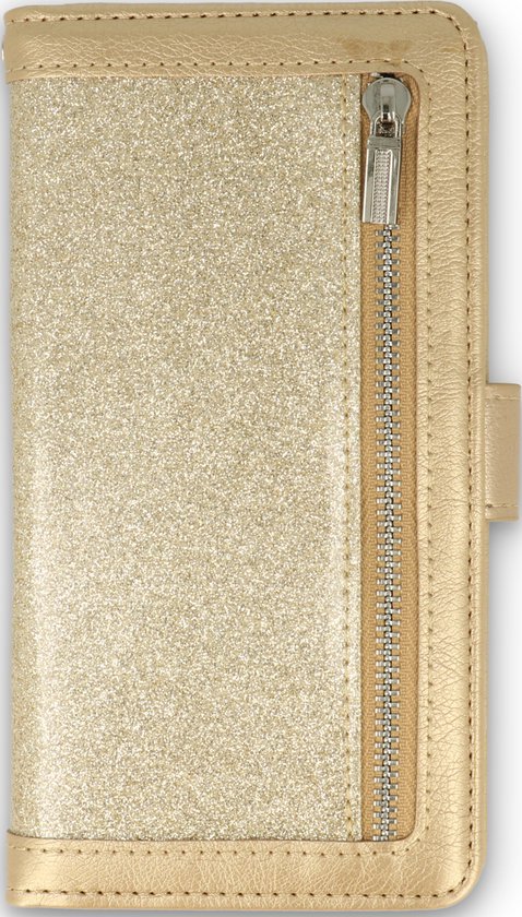 Gouden glitter portemonnee hoesje met een rits over de lengte.