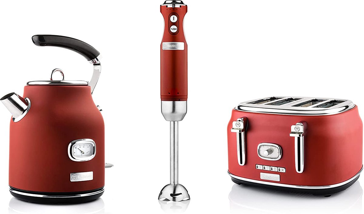Westinghouse Retro Waterkoker + Broodrooster 4 Sleuven + Staafmixer - Rood - Set