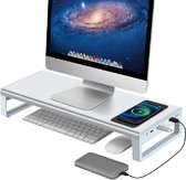 LuxeBass Monitorstandaard met draadloze oplader | Monitor verhoger met USB 3.0 aansluiting en Wireless Charging (zilver) - LB539