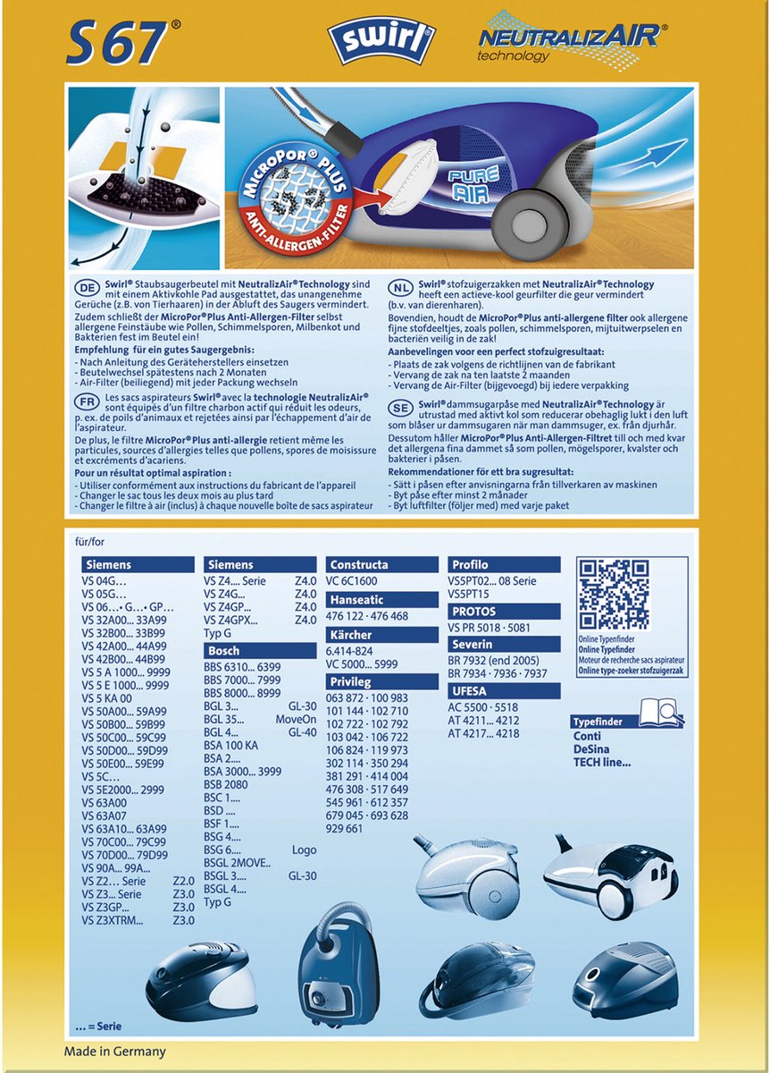 Swirl S 67 NeutralizAir Stofzak Cilinderstofzuiger