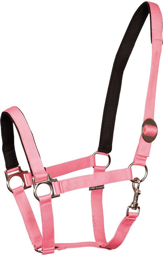 Roze halster met zwarte suèdine padding en zilverkleurige gespen.