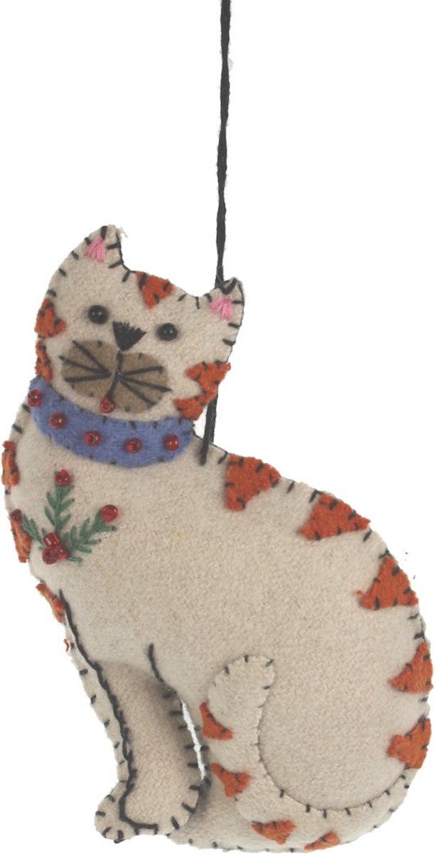 Kat zittend met hulst, vilt 8,5x2,5x10,5cm