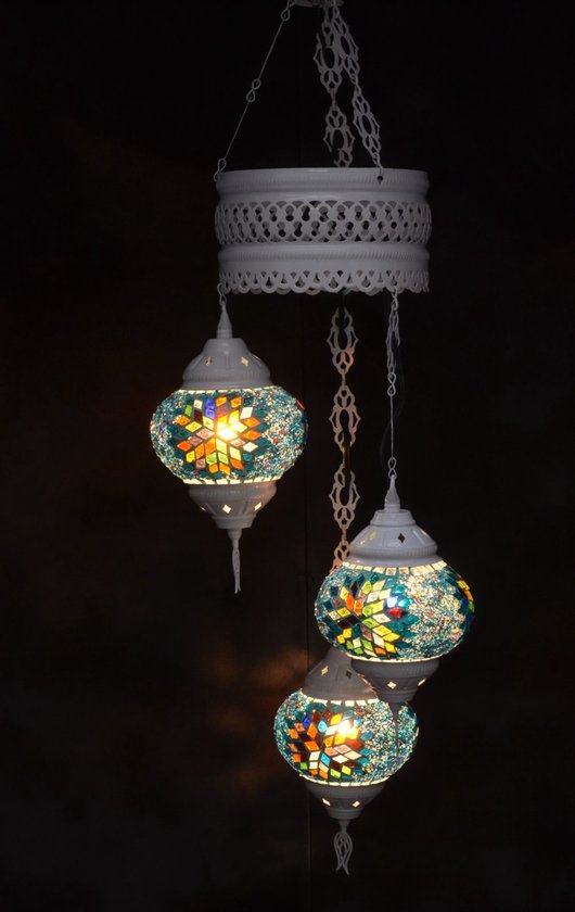 Oosterse lamp 3 glazen multicolor blauw bollen mozaiek kroonluchter