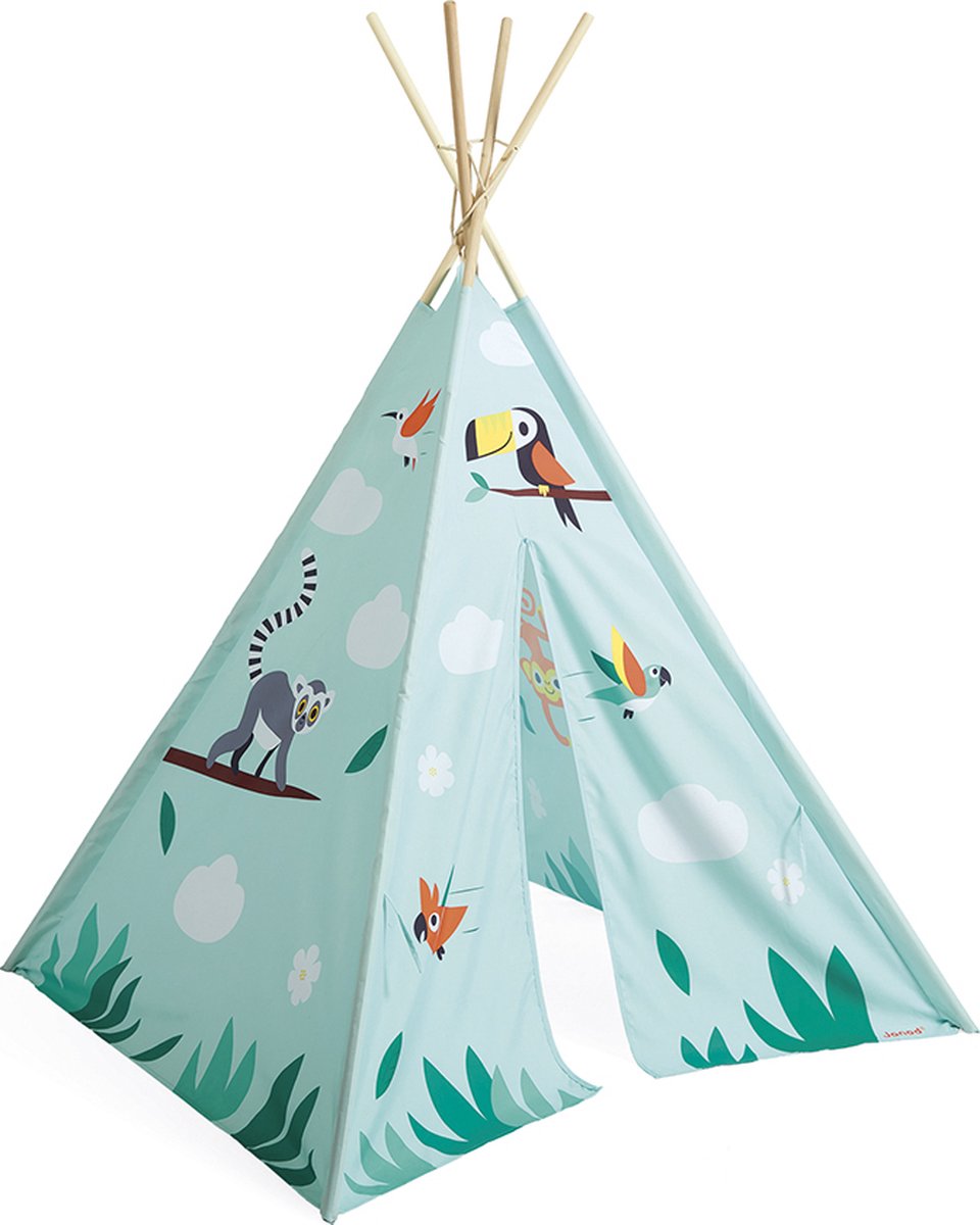 Janod Tropik - Tipi-Tent Van Hout En Stof - Je Kunt De Ingang (95 Cm Hoog) Openen En De Twee Zijpanelen Vastmaken - Geschikt Vanaf 2 Jaar