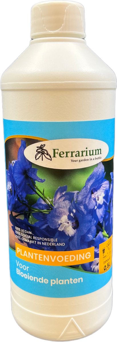 Ferrarium bloeiende plantenvoeding 0,5 L - Gemaakt door sociale werkplaats - 100% Vegan - 100% Gemaakt in Nederland - plantenvoeding voor bloeiende planten - meer bloemen op planten