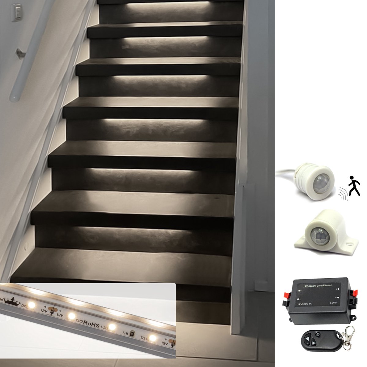 Trapverlichting led bewegingssensor set - Led strips 50 cm met helder wit licht - Set in aluminium profiel voor max. 16 treden - Bedienen via dimmer