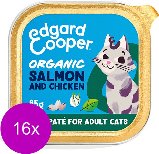 Edgard & Cooper Kattenvoer Graanvrij Biologisch Natvoer voor Katten Gesteriliseerde of Actieve Kat Natuurlijke Heerlijke PatÃƒÂ© 85g x 16 Biologische Verse Zalm & Kip, Smakelijk en Uitgebalanceerd, Vers Vlees