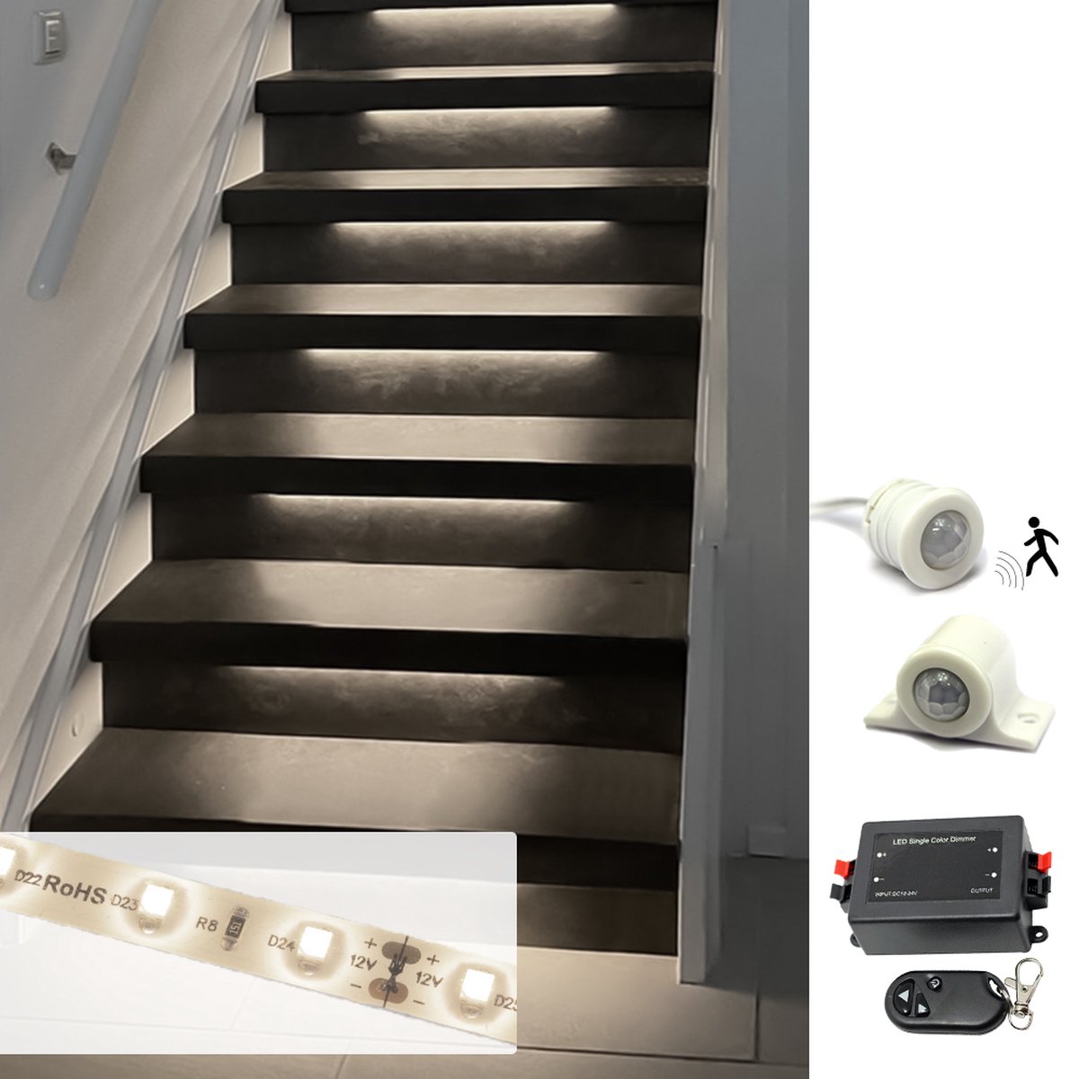 Trapverlichting led bewegingssensor set - Led strips 50 cm met helder wit licht - Set voor max. 16 treden - Bedienen via dimmer