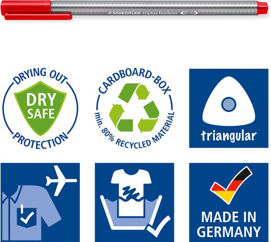 Feutre Staedtler triplus rouge avec des pictogrammes pour Dry Safe, matériaux recyclés et Made in Germany.