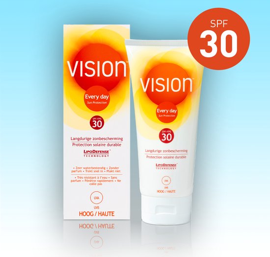 Vision zonnebrandcrème SPF 30, Every Day Sun Protection. Langdurige zonbescherming, Protection solaire durable. Zeer waterbestendig, zonder parfum.