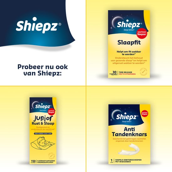 Collage met Shiepz producten: Slaapfit, Junior Rust & Slaap, Anti Tandenknars.