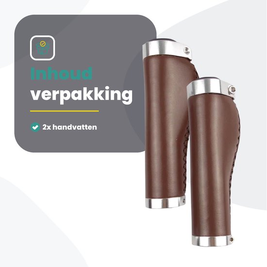 Twee bruine, leren fietshandvatten met zilverkleurige uiteinden en stiksels.