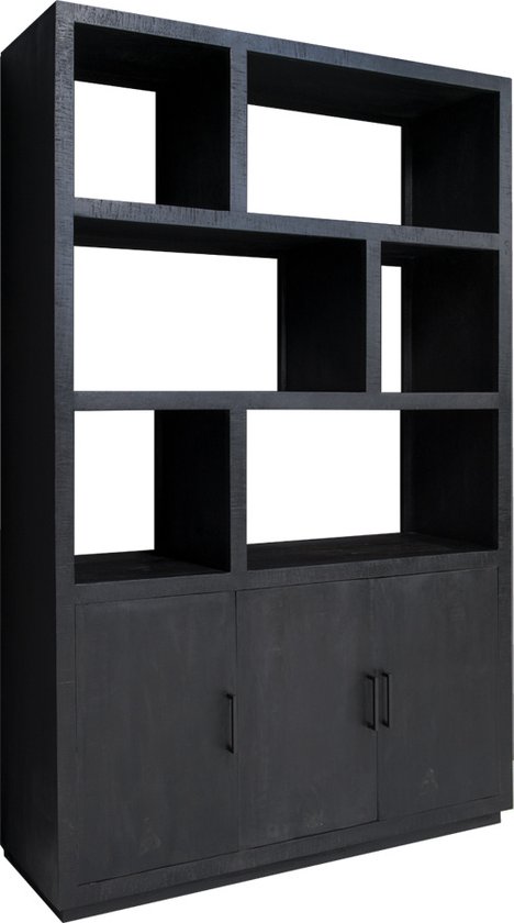 Black Omerta - Bibliotheekkast - mango - zwart - naturel - 3 deuren - 6 nissen - stalen frame