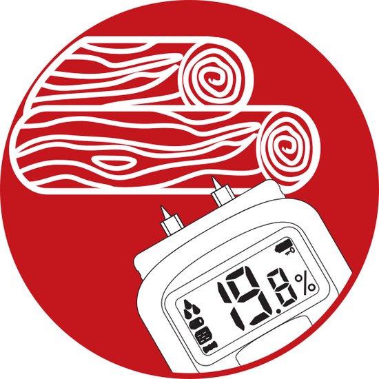 Illustratie van een vochtmeter die het vochtgehalte in hout meet.