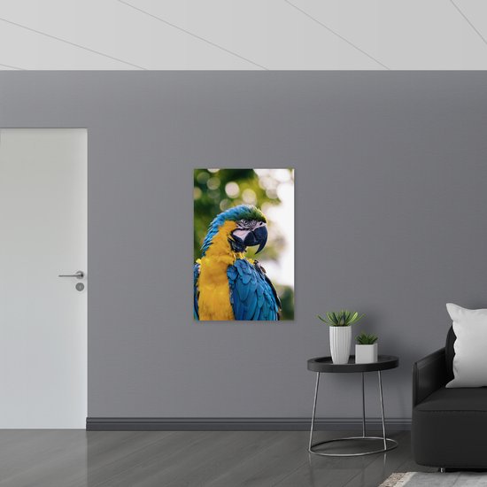 WallClassics - Poster Glossy - Jaune avec Perroquet Ara Bleu - 70x105 cm Photo sur Papier Poster avec Finition Brillante