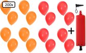 200x Ballonnen rood en oranje + ballonpomp - Ballon carnaval festival feest party verjaardag landen helium lucht thema