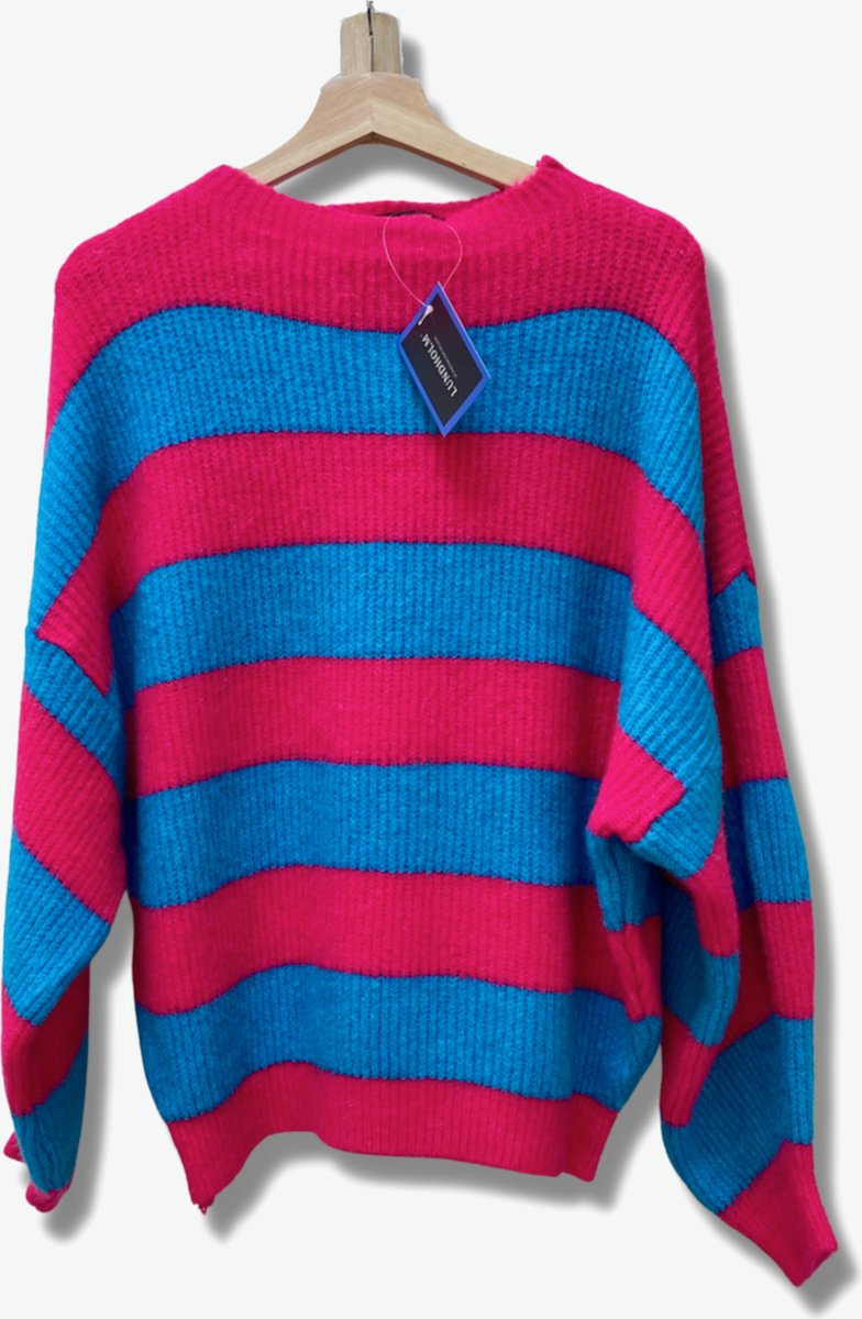 Lundholm Sweater Dames trui roze blauw gestreept - gender reveal outfit blauw roze gebreide truien dames oversized trui dames knitted scandinavische trui dames | Lundholm Linköping collectie