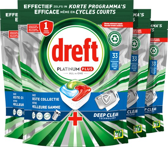 Dreft Platinum Plus Tablettes Lave-Vaisselle - All In One Brise Fraîche Aux Herbes - 4 x 33 Tablettes - 132 pièces
