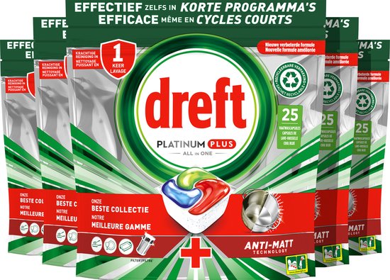 Dreft Platinum Plus All In One - Vaatwastabletten - Voordeelverpakking 5 x 25 stuks