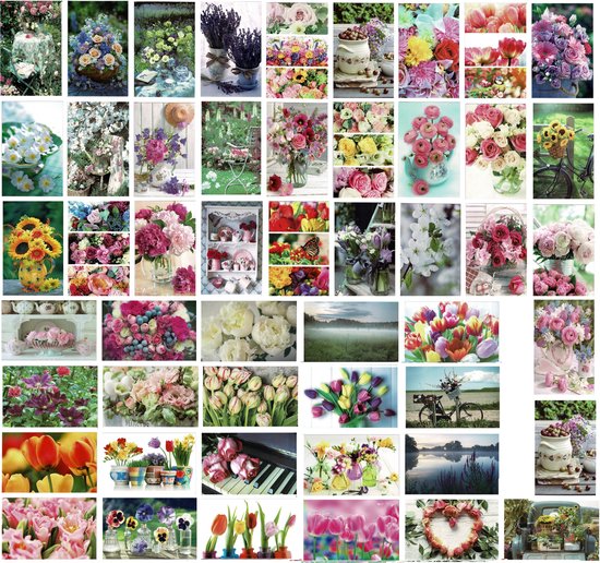 Cards & Crafts 50 Luxe Wenskaarten - Blanco Bloemen - 17x12cm - Gevouwen kaarten zonder tekst - Bloemen Assorti
