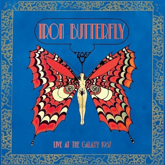 Albumhoes 'Iron Butterfly - Live At The Galaxy 1967' met rode en witte vlinder met menselijke figuur in het midden op een blauwe achtergrond.