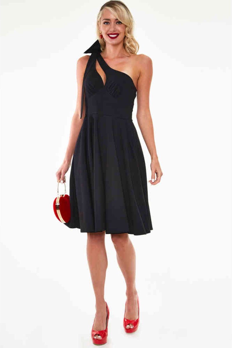 Voodoo Vixen - Selma 'that little black one' shoulder bow Flare jurk - XS - Zwart