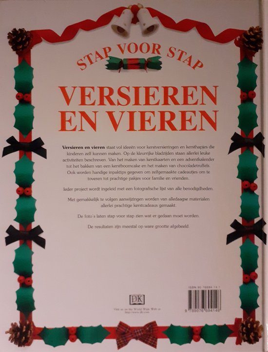 Achterkant van het boek 'Versieren en vieren' met kerstdecoraties, tekst en ISBN-nummer.