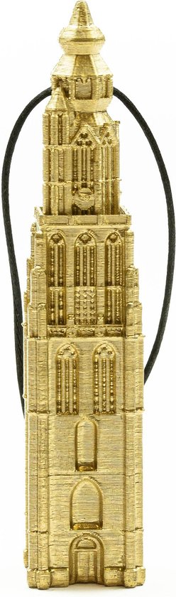 Gouden miniatuur van de Lange Jan met een zwart koord.