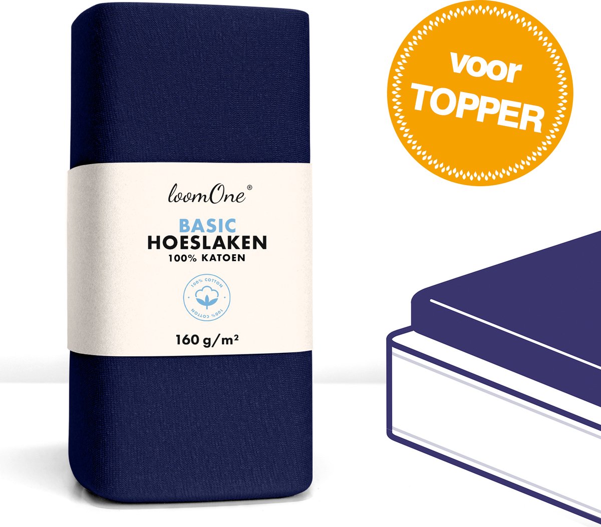 Loom One Hoeslaken Topper – 100% Jersey Katoen – 140x200 cm – tot 12cm matrasdikte– 160 g/m² – Donkerblauw