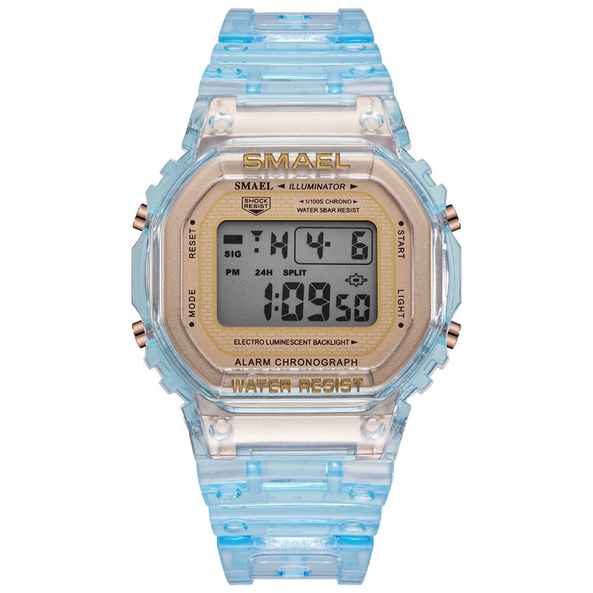 Digitaal Shockbestendig Horloge Blauw doorzichtig met gouden wijzerplaat | Smael | Waterdicht | Glow in dark | Mud Master | Mudmaster | Shock | Licht | Rubberen band | 1905 | Timer | Eyecatcher | Master | kado | Cadeau