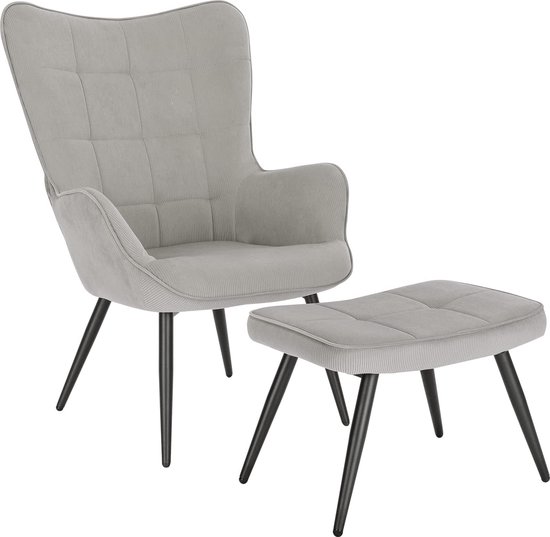 Furnibella - Relaxstoel leunstoel vintage retro stoel gestoffeerde stoel met kruk TV fauteuil oorfauteuil corduroy lichtgrijs SKS28hgr