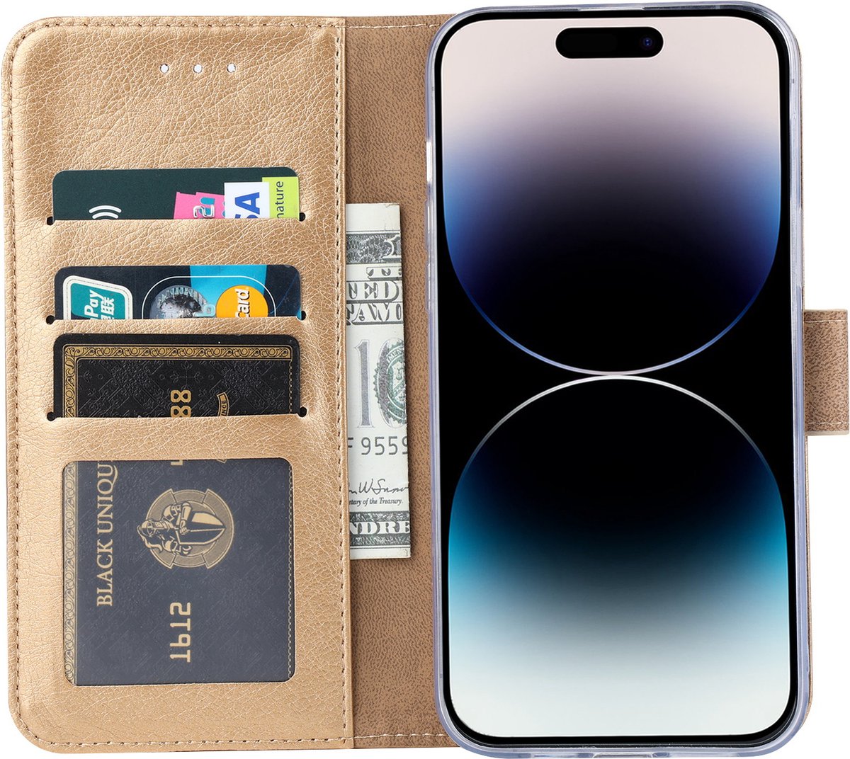BixB bookcase iPhone 14 Pro Max hoesje met pasjeshouder Wallet case booktype - Goud