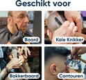 Kwartet van afbeeldingen: scheerapparaten voor baard, kale hoofden, baard en contouren.