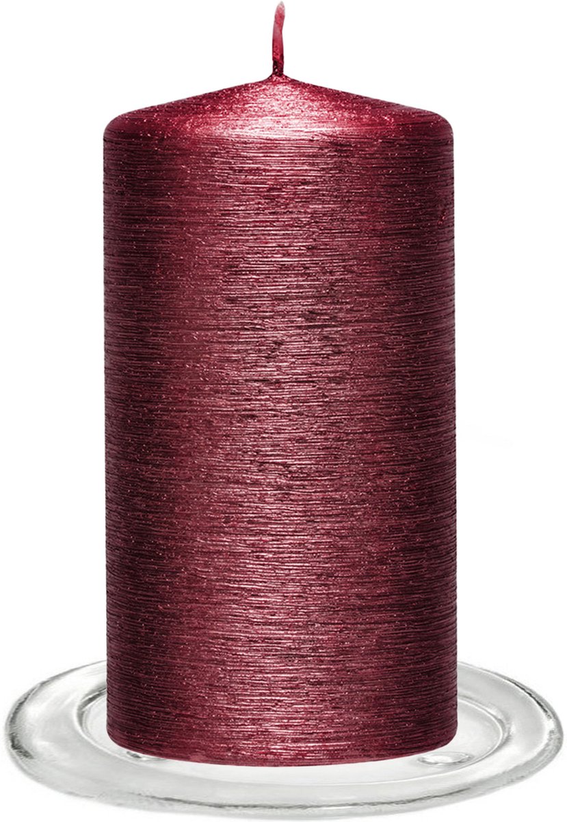 Trend Candles - Stompkaarsen met glazen onderzetters set van 2x stuks donkerrood 7 x 13 cm