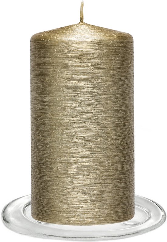 Trend Candles - Stompkaarsen met glazen onderzetters set van 2x stuks creme goud 7 x 13 cm