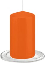Trend Candles - Stompkaarsen met glazen onderzetters set van 2x stuks oranje 6 x 12 cm